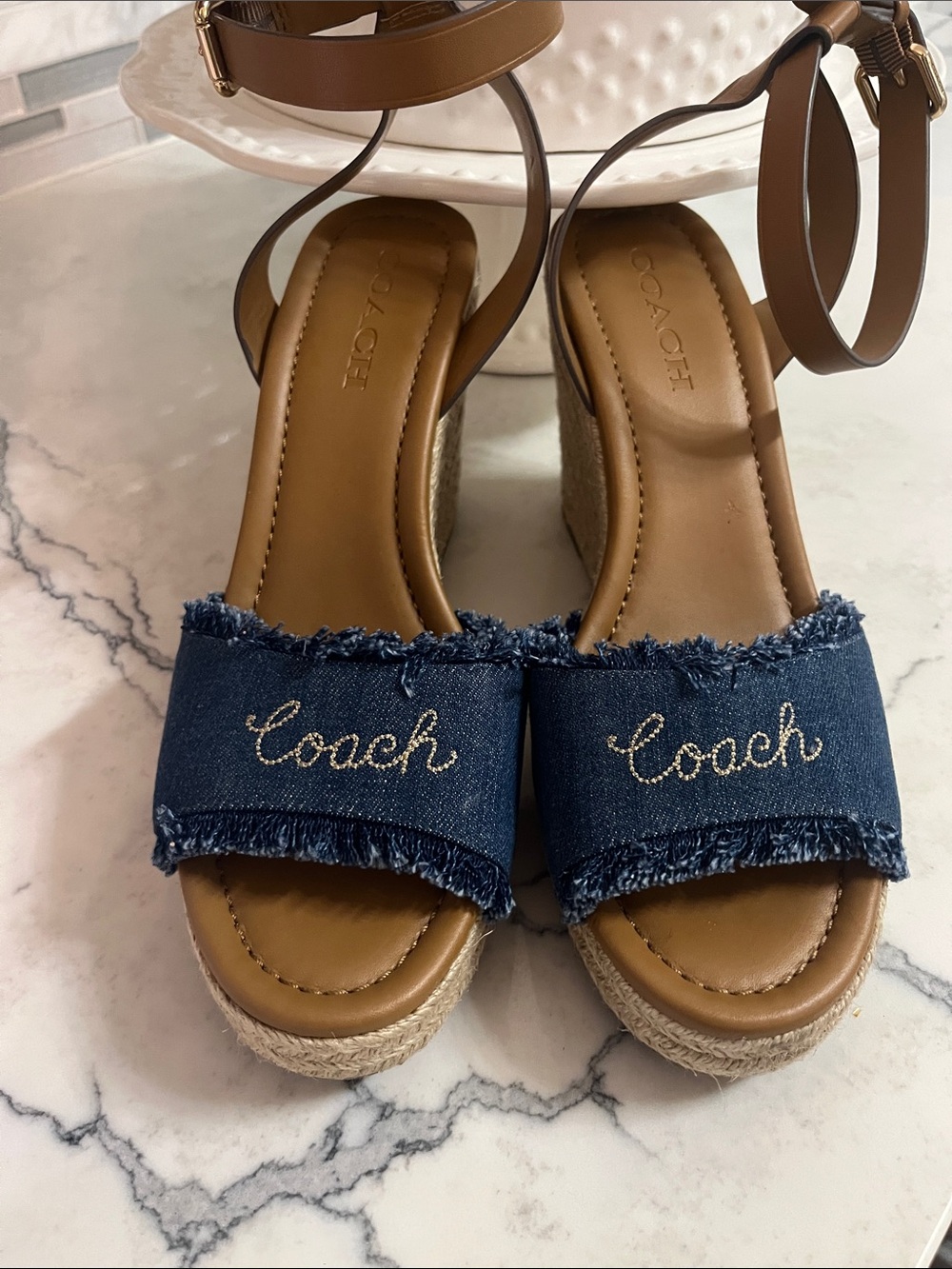 Coach Denim Wedge Sandals - Blue & Brown